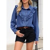 image:imageSidefeel Womens Button Denim Shirt Casual Long Sleeve 2026 Fall Deep VShaped Ruffled Edge Jean Blouses TopsLight Blue