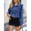image:imageSidefeel Womens Button Denim Shirt Casual Long Sleeve 2026 Fall Deep VShaped Ruffled Edge Jean Blouses TopsLight Blue