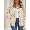 image:imageSidefeel Womens Button Up Collared Knit Cardigan Sweaters  Cropped CardiganColor Block CollarLong SleeveLightweightJacquard KnitGeometric PatternFall OutfitMidHip LengthApricot
