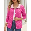 image:imageSidefeel Womens Button Up Collared Knit Cardigan Sweaters  Cropped CardiganColor Block CollarLong SleeveLightweightJacquard KnitGeometric PatternFall OutfitMidHip LengthRose Red