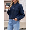 image:imageSidefeel Womens Denim Shirt Button Down Long Sleeve Ruffled Edge Trendy Jean Shackets Blouses TopsDark Blue