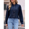 image:imageSidefeel Womens Denim Shirt Button Down Long Sleeve Ruffled Edge Trendy Jean Shackets Blouses TopsDark Blue