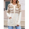 image:imageSidefeel Womens Fair Isle Cardigan Sweaters  Button Down Front Long Sleeve Functional Patch Pockets MidThigh Length Soft and Warm Geometric Pattern CrewneckWhite