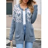 image:imageSidefeel Womens Fair Isle Cardigan Sweaters  Button Down Front Long Sleeve Functional Patch Pockets MidThigh Length Soft and Warm Geometric Pattern CrewneckLight Blue