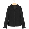 image:imageSidefeel Womens Ruffle Button Down Corduroy Shirts  Frill V Neck and Cuffs Long Sleeves Thermal Relaxed Fit Fall outfits Office WearBlack