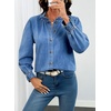 image:imageSidefeel Womens Ruffle Button Down Denim Shirts  Frilled Neckline and CuffPuff Long SleeveStand CollarRelaxed FitLightweight Fall OutfitJean Blouse TopLight Blue