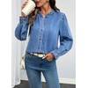 image:imageSidefeel Womens Ruffle Button Down Denim Shirts  Frilled Neckline and CuffPuff Long SleeveStand CollarRelaxed FitLightweight Fall OutfitJean Blouse TopLight Blue