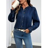image:imageSidefeel Womens Ruffle Button Down Denim Shirts  Frilled Neckline and CuffPuff Long SleeveStand CollarRelaxed FitLightweight Fall OutfitJean Blouse TopBluing