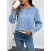 image:imageSidefeel Womens Ruffle Button Down Denim Shirts  Frilled Neckline and CuffPuff Long SleeveStand CollarRelaxed FitLightweight Fall OutfitJean Blouse TopIceland Blue