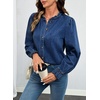 image:imageSidefeel Womens Ruffle Button Down Denim Shirts  Frilled Neckline and CuffPuff Long SleeveStand CollarRelaxed FitLightweight Fall OutfitJean Blouse TopDark Blue