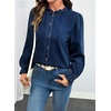 image:imageSidefeel Womens Ruffle Button Down Denim Shirts  Frilled Neckline and CuffPuff Long SleeveStand CollarRelaxed FitLightweight Fall OutfitJean Blouse TopBluing
