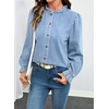 image:imageSidefeel Womens Ruffle Button Down Denim Shirts  Frilled Neckline and CuffPuff Long SleeveStand CollarRelaxed FitLightweight Fall OutfitJean Blouse TopIceland Blue