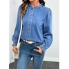 image:imageSidefeel Womens Ruffle Button Down Denim Shirts  Frilled Neckline and CuffPuff Long SleeveStand CollarRelaxed FitLightweight Fall OutfitJean Blouse TopLight Blue