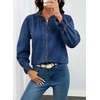 image:imageSidefeel Womens Ruffle Button Down Denim Shirts  Frilled Neckline and CuffPuff Long SleeveStand CollarRelaxed FitLightweight Fall OutfitJean Blouse TopDark Blue