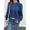 image:imageSidefeel Womens Ruffle Button Down Denim Shirts  Frilled Neckline and CuffPuff Long SleeveStand CollarRelaxed FitLightweight Fall OutfitJean Blouse TopDark Blue