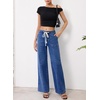 image:imageSidefeel Womens Wide Leg Jeans Baggy High Waisted Stretchy Trendy Front Seam Drawstring Denim Sweatpants with Slant PocketsDark Blue