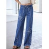 image:imageSidefeel Womens Y2K Floral Wide Leg Elastic High Waisted Baggy Jeans  Three Frayed Fower Patches Drawstring Seamed Front Raw Hem Casual Vintage Loose Fit Denim Pants for Daily Street WearLight Blue