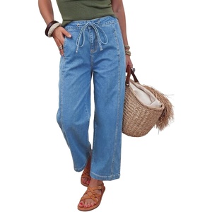 image:imageSidefeel Jeans for Women Drawstring Barrel Denim Pants Light Blue 16  Stretchy Jeans Side Seam PocketsTapered Ankle LengthHigh WaistedVertical SeamLoosefitAdjustable DrawstringCausal
