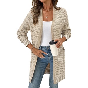 image:imageSidefeel Womens 2025 Fall Outfits Long Sleeve Open Front Cardigan Sweaters Trendy Chunky Hexagon Knit Sweaters CoatApricot