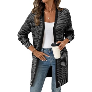 image:imageSidefeel Womens 2025 Fall Outfits Long Sleeve Open Front Cardigan Sweaters Trendy Chunky Hexagon Knit Sweaters CoatBlack