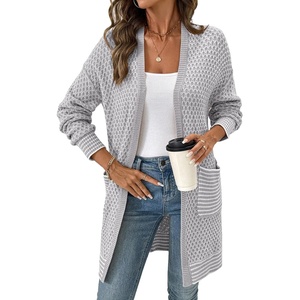 image:imageSidefeel Womens 2025 Fall Outfits Long Sleeve Open Front Cardigan Sweaters Trendy Chunky Hexagon Knit Sweaters CoatGray