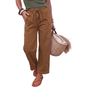 image:imageSidefeel Womens Barrel Jeans Drawstring Baggy Denim Pants Brown Size 16  Stretchy Jeans Side Seam PocketsTapered Ankle LengthHigh WaistedVertical SeamLoosefitAdjustable DrawstringCausal