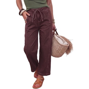 image:imageSidefeel Womens Barrel Jeans Drawstring Baggy Denim Pants Coffee Size 10  Stretchy Jeans Side Seam PocketsTapered Ankle LengthHigh WaistedVertical SeamLoosefitAdjustable DrawstringCausal