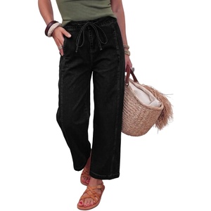 image:imageSidefeel Womens Black Jeans Drawstring Barrel Denim Pants Size 6  Stretchy Jeans Side Seam PocketsTapered Ankle LengthHigh WaistedVertical SeamLoosefitAdjustable DrawstringCausal