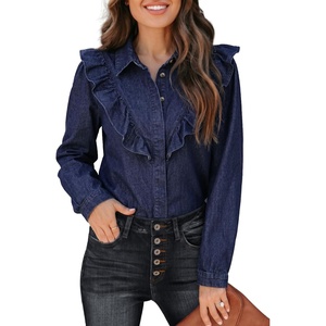 image:imageSidefeel Womens Button Denim Shirt Casual Long Sleeve 2026 Fall Deep VShaped Ruffled Edge Jean Blouses TopsBluing