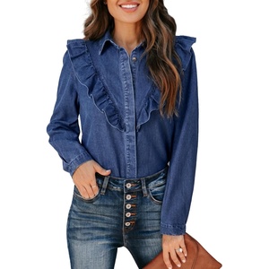 image:imageSidefeel Womens Button Denim Shirt Casual Long Sleeve 2026 Fall Deep VShaped Ruffled Edge Jean Blouses TopsDark Blue