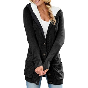 image:imageSidefeel Womens Cable Knit Fleece Lined Hood Cardigan Sweaters  Women Knit CardiganPatch PocketsButton FrontWarm Fall WinterCozy OversizedCasual WearBlack