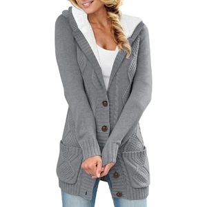 image:imageSidefeel Womens Cable Knit Fleece Lined Hood Cardigan Sweaters  Women Knit CardiganPatch PocketsButton FrontWarm Fall WinterCozy OversizedCasual WearDeep Gray