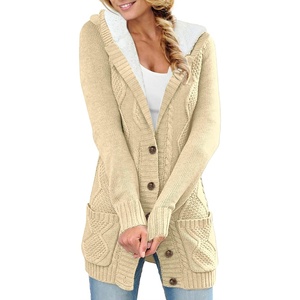 image:imageSidefeel Womens Cable Knit Fleece Lined Hood Cardigan Sweaters  Women Knit CardiganPatch PocketsButton FrontWarm Fall WinterCozy OversizedCasual WearHooded Beige