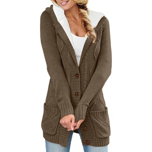 image:imageSidefeel Womens Cable Knit Fleece Lined Hood Cardigan Sweaters  Women Knit CardiganPatch PocketsButton FrontWarm Fall WinterCozy OversizedCasual WearHooded Brown