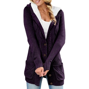 image:imageSidefeel Womens Cable Knit Fleece Lined Hood Cardigan Sweaters  Women Knit CardiganPatch PocketsButton FrontWarm Fall WinterCozy OversizedCasual WearHooded Purple