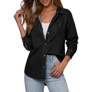 image:imageSidefeel Womens Denim Shirt Button Down Long Sleeve Oversized Seam Panel Jean Denim TopsBlack