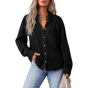 image:imageSidefeel Womens Denim Shirt Button Down Long Sleeve Ruffled Edge Trendy Jean Shackets Blouses TopsBlack