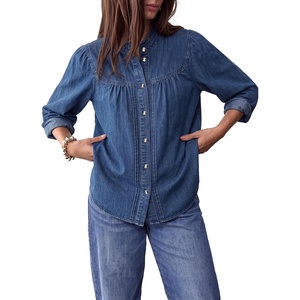 image:imageSidefeel Womens Denim Shirt Button Down Long Sleeve Ruffled Edge Trendy Jean Shackets Blouses TopsBlue