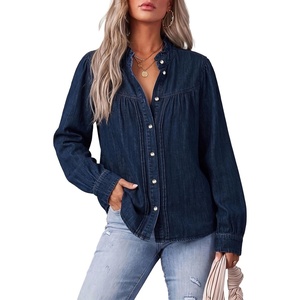 image:imageSidefeel Womens Denim Shirt Button Down Long Sleeve Ruffled Edge Trendy Jean Shackets Blouses TopsDark Blue