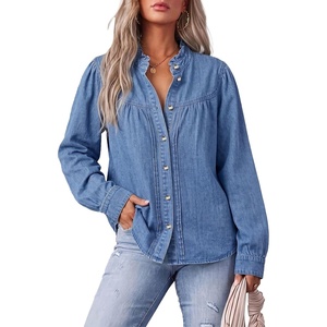 image:imageSidefeel Womens Denim Shirt Button Down Long Sleeve Ruffled Edge Trendy Jean Shackets Blouses TopsLight Blue