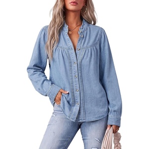 image:imageSidefeel Womens Denim Shirt Button Down Long Sleeve Ruffled Edge Trendy Jean Shackets Blouses TopsSky Blue