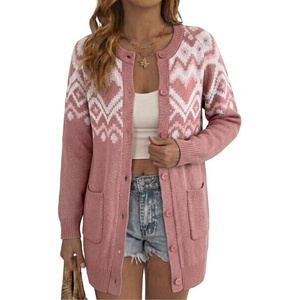 image:imageSidefeel Womens Fair Isle Cardigan Sweaters  Button Down Front Long Sleeve Functional Patch Pockets MidThigh Length Soft and Warm Geometric Pattern CrewneckPink