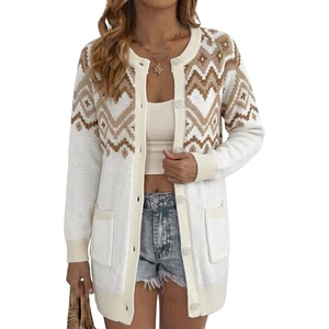 image:imageSidefeel Womens Fair Isle Cardigan Sweaters  Button Down Front Long Sleeve Functional Patch Pockets MidThigh Length Soft and Warm Geometric Pattern CrewneckWhite
