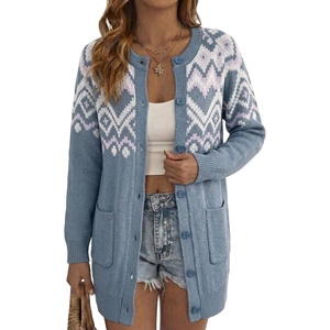 image:imageSidefeel Womens Fair Isle Cardigan Sweaters  Button Down Front Long Sleeve Functional Patch Pockets MidThigh Length Soft and Warm Geometric Pattern CrewneckLight Blue