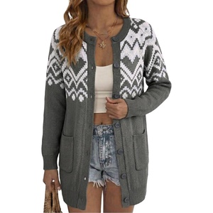 image:imageSidefeel Womens Fair Isle Cardigan Sweaters  Button Down Front Long Sleeve Functional Patch Pockets MidThigh Length Soft and Warm Geometric Pattern CrewneckGray