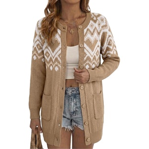 image:imageSidefeel Womens Fair Isle Cardigan Sweaters  Button Down Front Long Sleeve Functional Patch Pockets MidThigh Length Soft and Warm Geometric Pattern CrewneckSmoke Gray