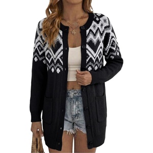 image:imageSidefeel Womens Fair Isle Cardigan Sweaters  Button Down Front Long Sleeve Functional Patch Pockets MidThigh Length Soft and Warm Geometric Pattern CrewneckBlack