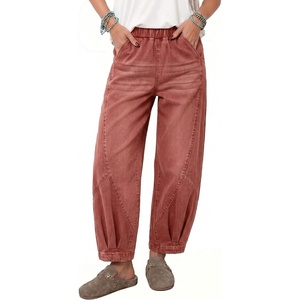 image:imageSidefeel Womens High Waisted Baggy Barrel Wide Leg Jeans  Comfy Stretch Material Elastic Waistband Oversized Cut with Pockets Ankle Length Boyfriend Style for Casual Street WearMineral Red