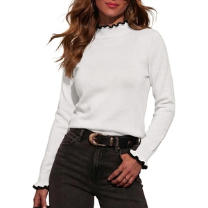image:imageSidefeel Womens Mock Neck Ruffle Pullover Sweaters  Contrast Frill Edge Jumper Tops Long Sleeve Standard Length Soft Knit Regular Fit Versatile Layering TopWhite