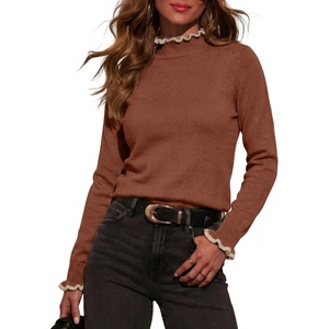 image:imageSidefeel Womens Mock Neck Ruffle Pullover Sweaters  Contrast Frill Edge Jumper Tops Long Sleeve Standard Length Soft Knit Regular Fit Versatile Layering TopTawny